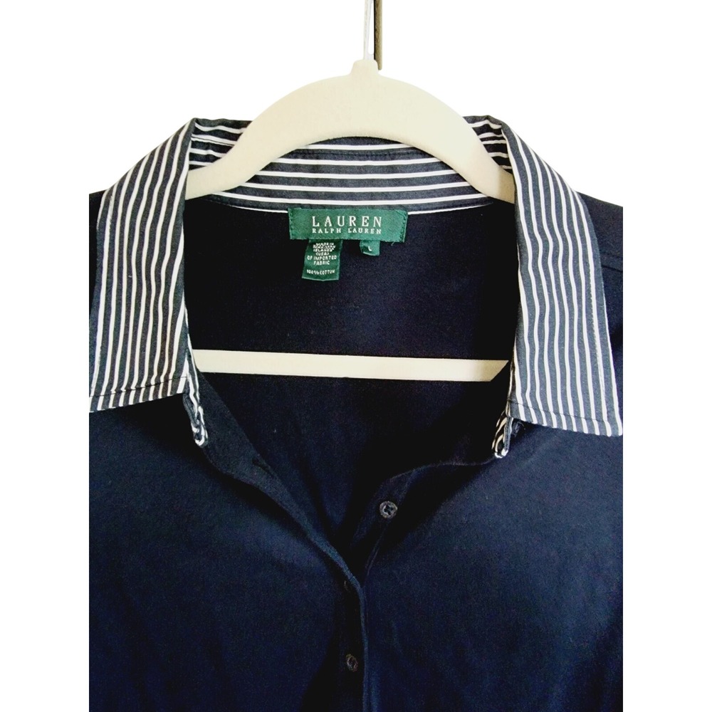 Lauren‎ Ralph Lauren L Black Long Sleeve Polo Shirt Striped Collar Womens Goth - Picture 7 of 9